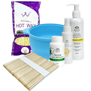 Набір для депіляції віск у гранулах Konsung Hot Wax 500 г: силіконова чаша, олія, гель від врослого волосся, тальк, шпателі