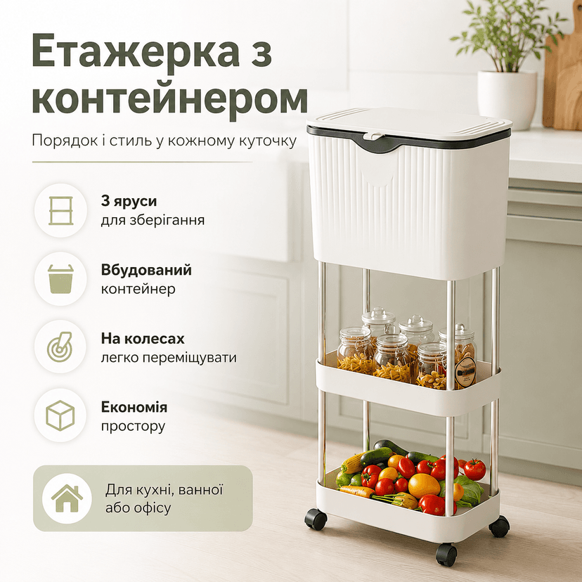 Полиця етажерка з урною для сміття Кухонний візок з контейнером для відходів 5