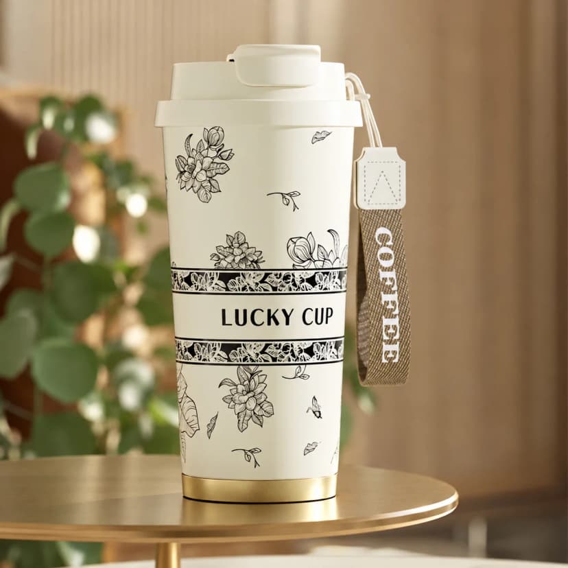 Термочашка для кави «Lucky Cup» 520 мл зі сталі 316 з фільтром, Молочний з квітами 1
