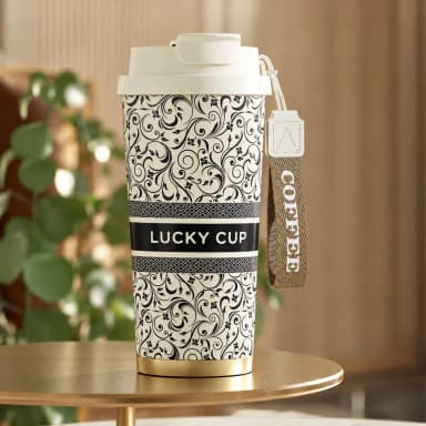 Термочашка для кави «Lucky Cup» 520 мл зі сталі 316 з фільтром, Молочний з вензелями