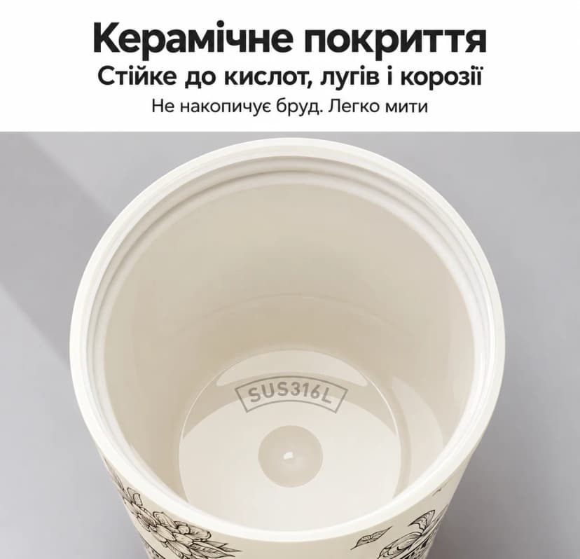 Термочашка для кави «Lucky Cup» 520 мл зі сталі 316 з фільтром, Молочний з квітами 4