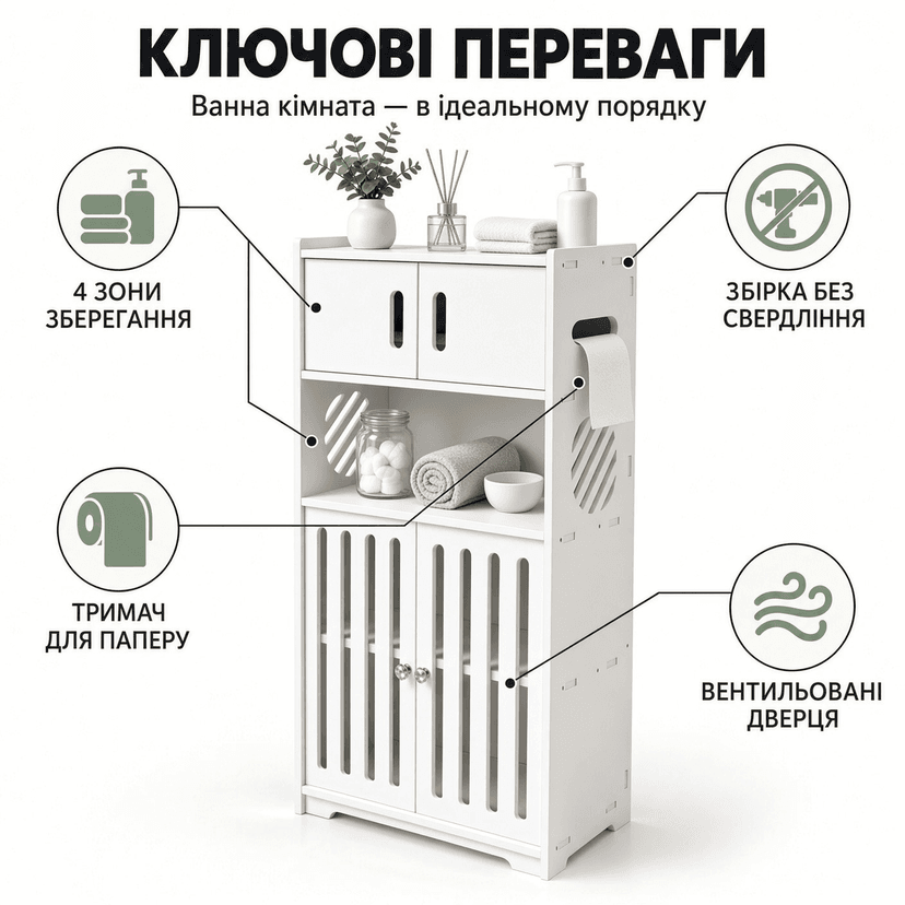 Шафа стелаж для ванної кімнати з дверцятами біла компактна шавка для зберігання гігієнічних засобів та аксесуарів 4