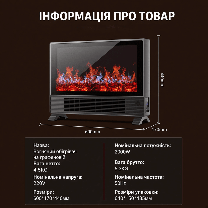 Електричний обігрівач-камін / Обігрівач с LED-імітацією вогню / Підлоговий обігрівач 3