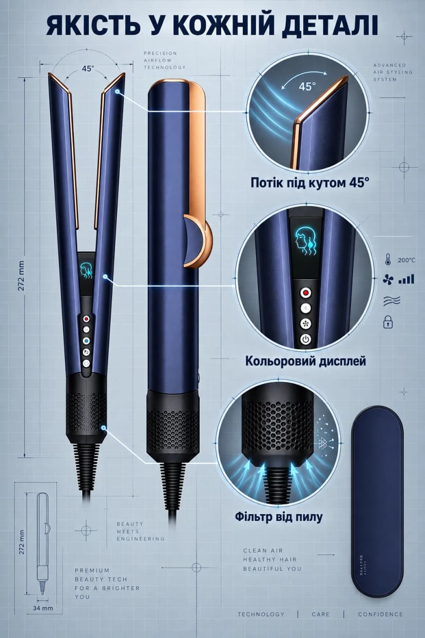 Стайлер Випрямляч AirStrait HT01 для волосся, фен випрямляч 2в1 (Синій) 8