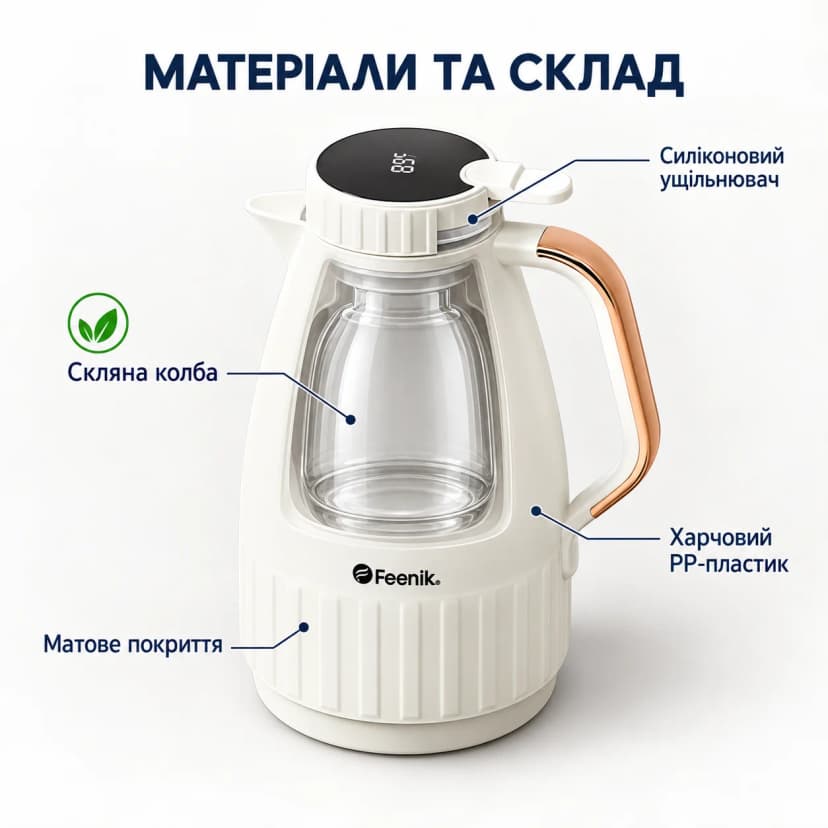 Термос питний зі скляною колбою DS-200 2 л Білий Термос з екраном температури 2