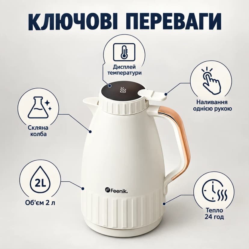 Термос питний зі скляною колбою DS-200 2 л Білий Термос з екраном температури 5