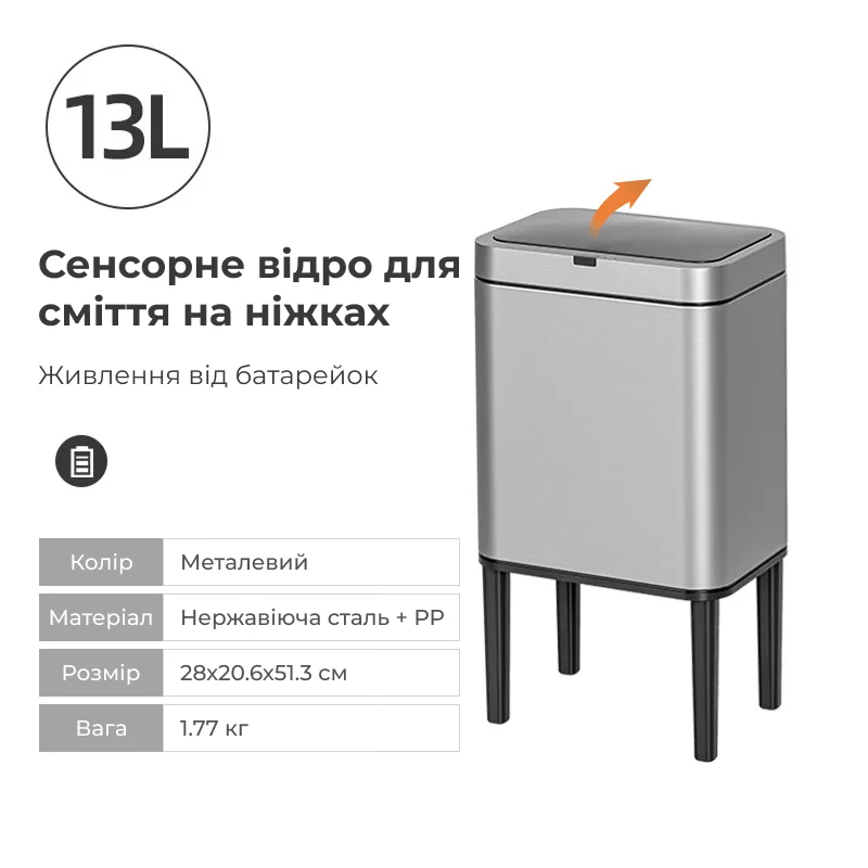Сенсорне відро для сміття на ніжках для вузьких зон дому 9л/13л/20л, 13 л. / Молочний 7