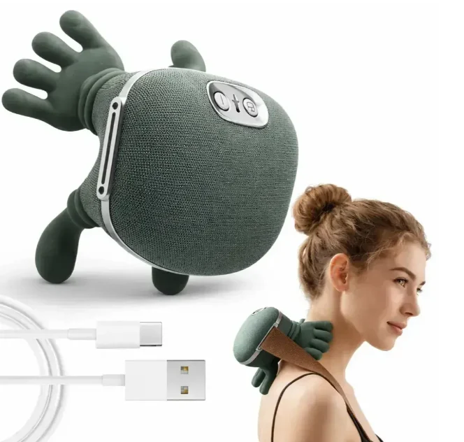 Електричний масажер для шиї та плечей біонічний з імітацією рук, підігрівом та 3 режимами роботи, USB-зарядка, Зелений (24 в ящ) 1