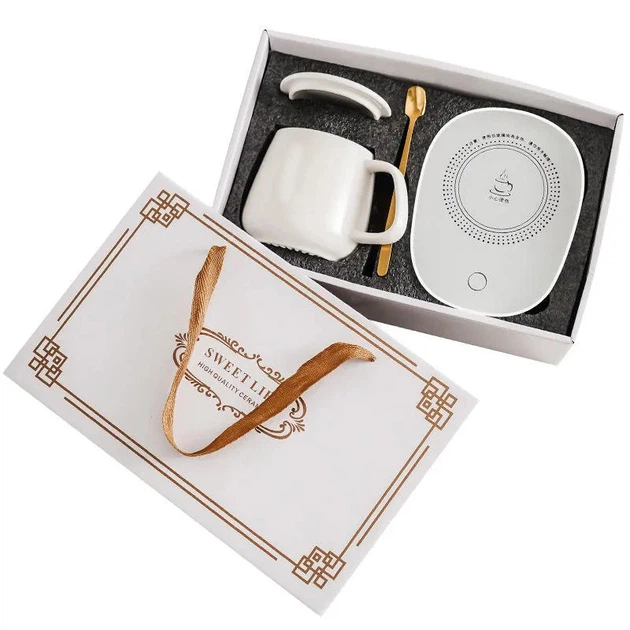 Подарунковий набір Чашка з підігрівом та ложечкю білий 1