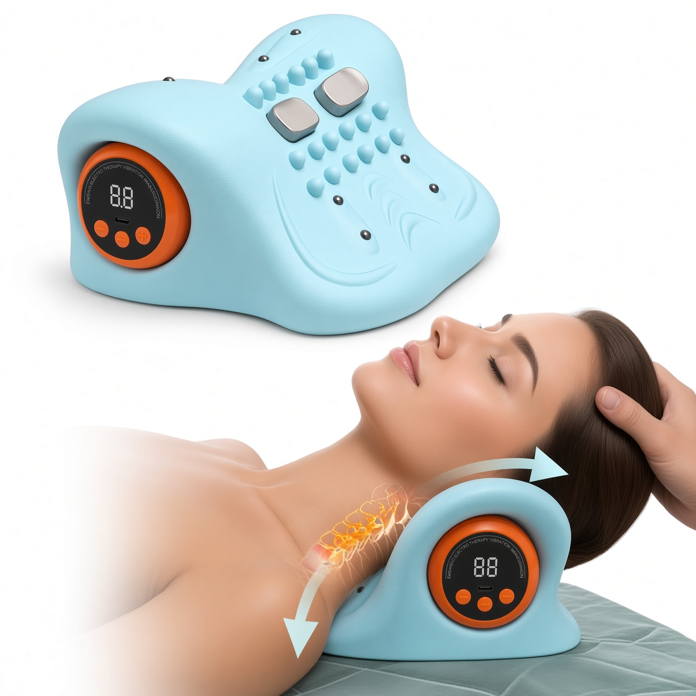 Подушка-Масажер для шиї Heating Wave Vibration Electric Cervical Pillow плечей з нагріванням, бездротовий, з пультом блакитний 3