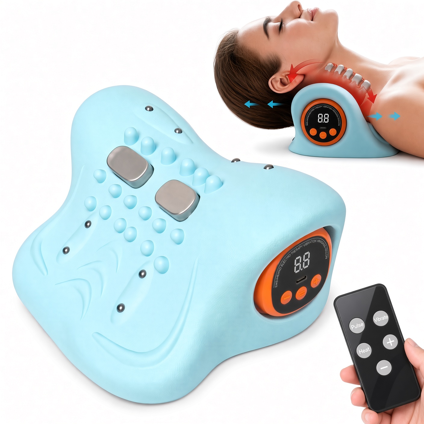 Подушка-Масажер для шиї Heating Wave Vibration Electric Cervical Pillow плечей з нагріванням, бездротовий, з пультом блакитний 1