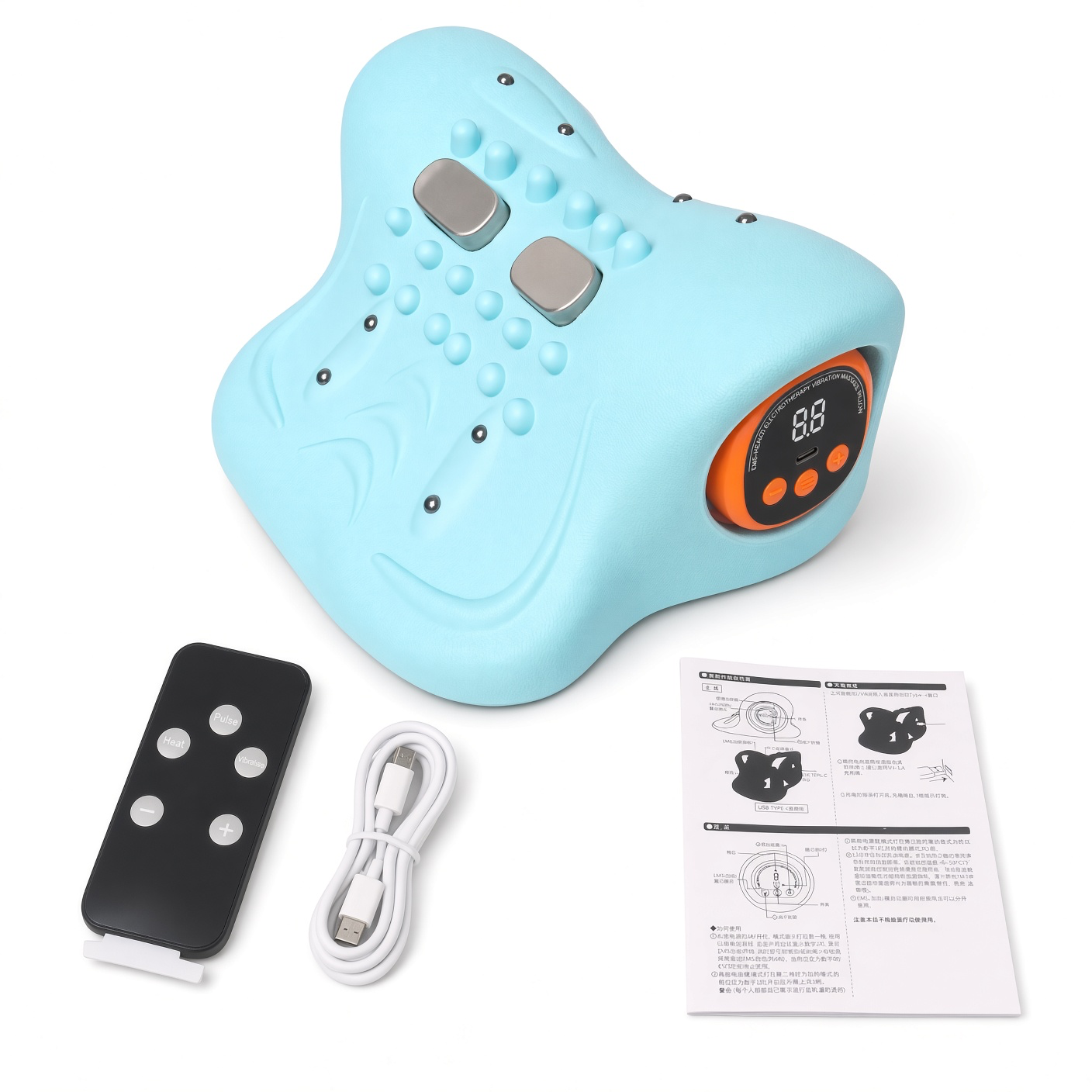 Подушка-Масажер для шиї Heating Wave Vibration Electric Cervical Pillow плечей з нагріванням, бездротовий, з пультом блакитний 4
