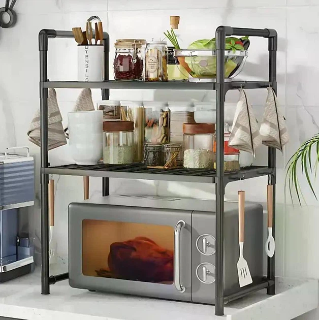 Полиця над мікрохвильовкою двоярусна поличка на кухню чорна 3